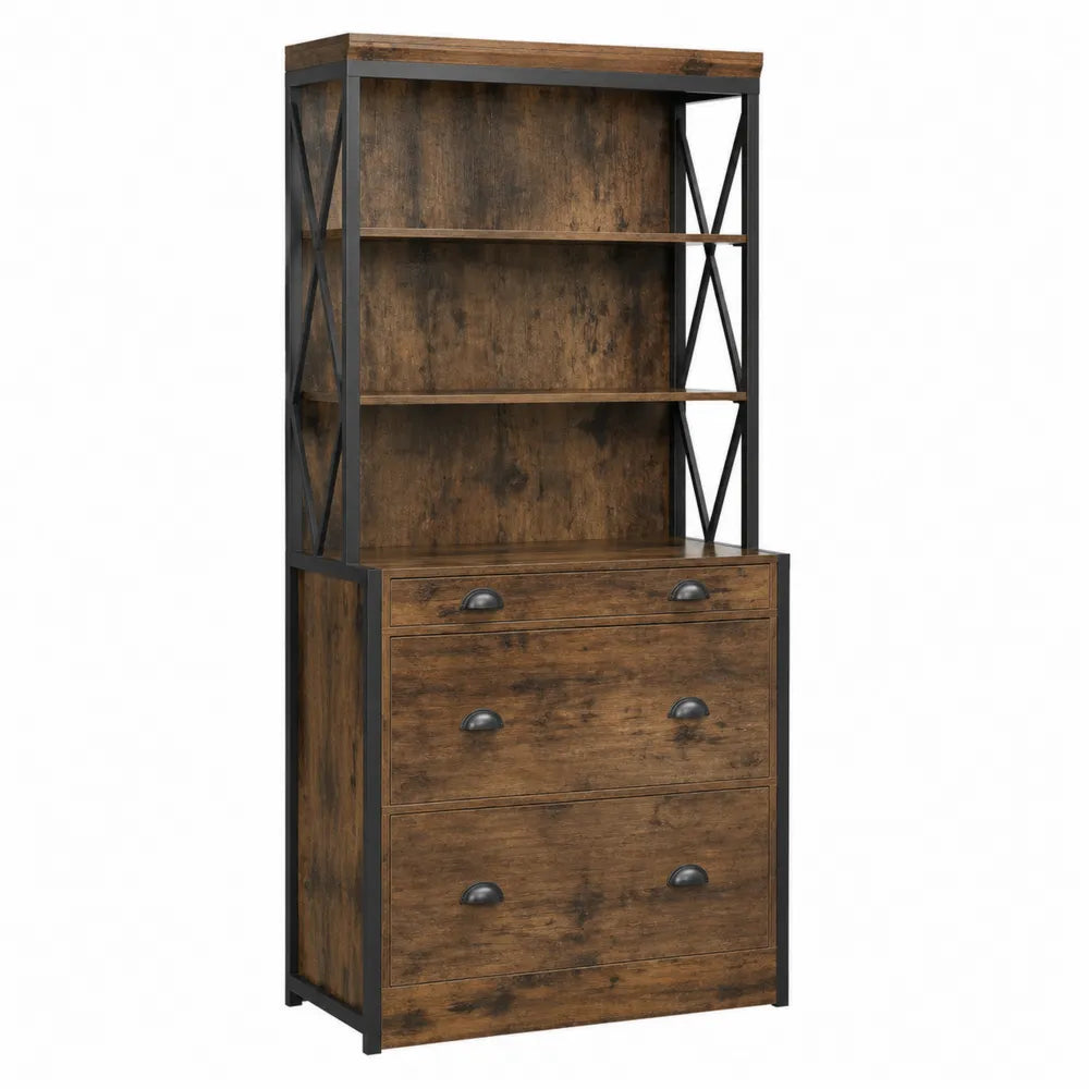Rustic Wood and Metal Bookshelf with Drawers 180cm x 90cm x 40cm
