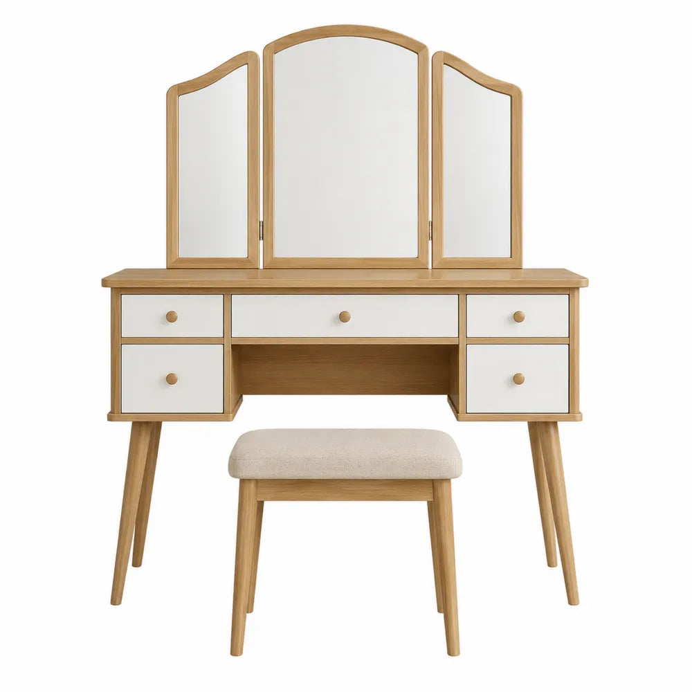 Vanity Table Set with Tri-Fold Mirror Solid Wood Frame Linen Seat