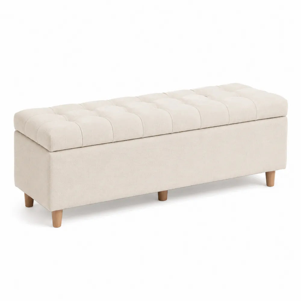 Rectangular Polyester Ottoman with Storage Beige 120 cm