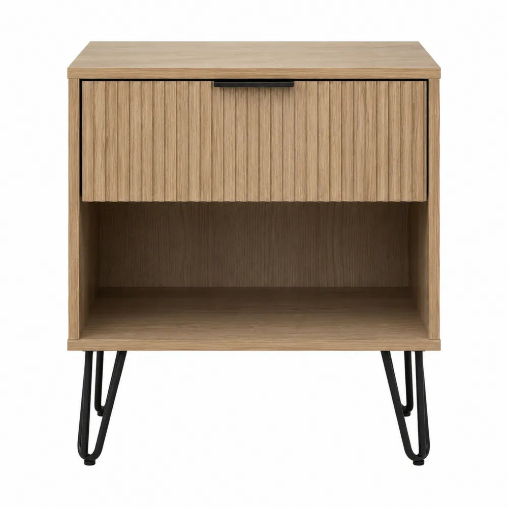 Wood Nightstand with Metal Legs and Drawer Oak 50cm x 40cm x 60cm
