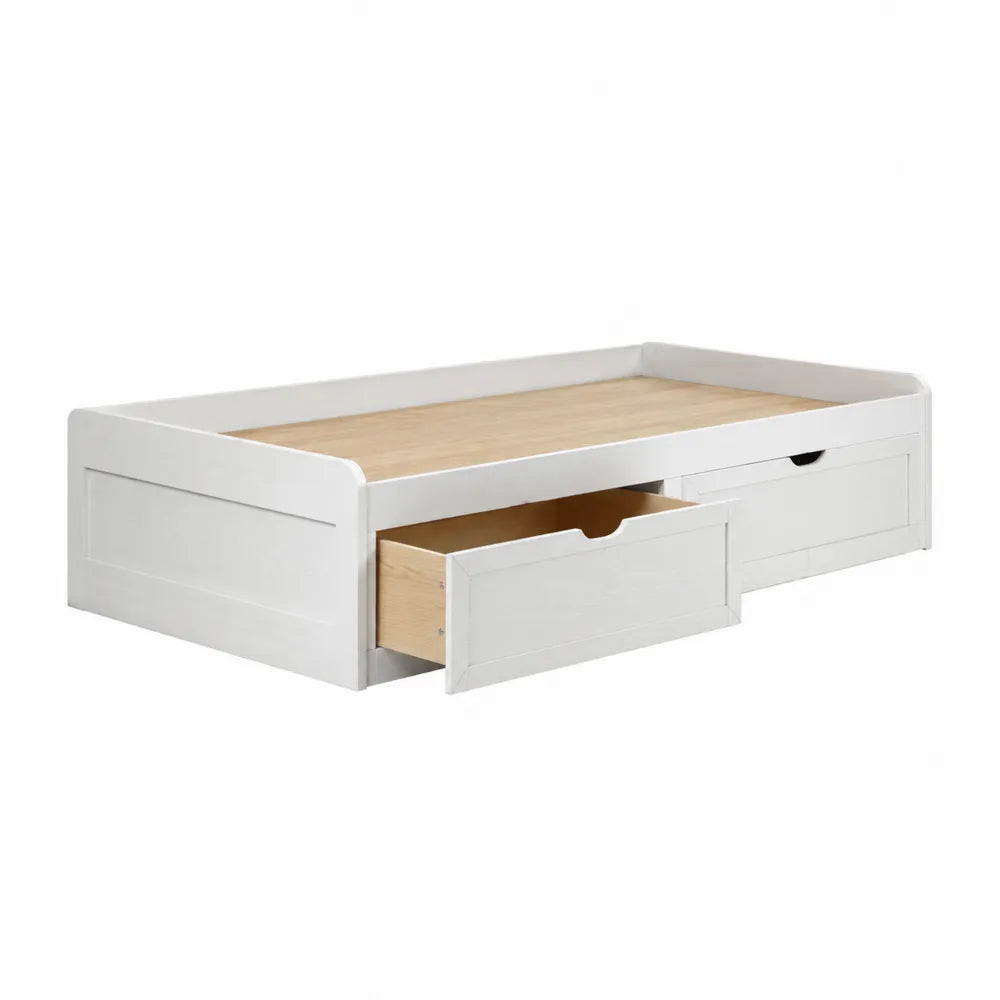 Wood Platform Bed with Storage Drawers, White and Natural