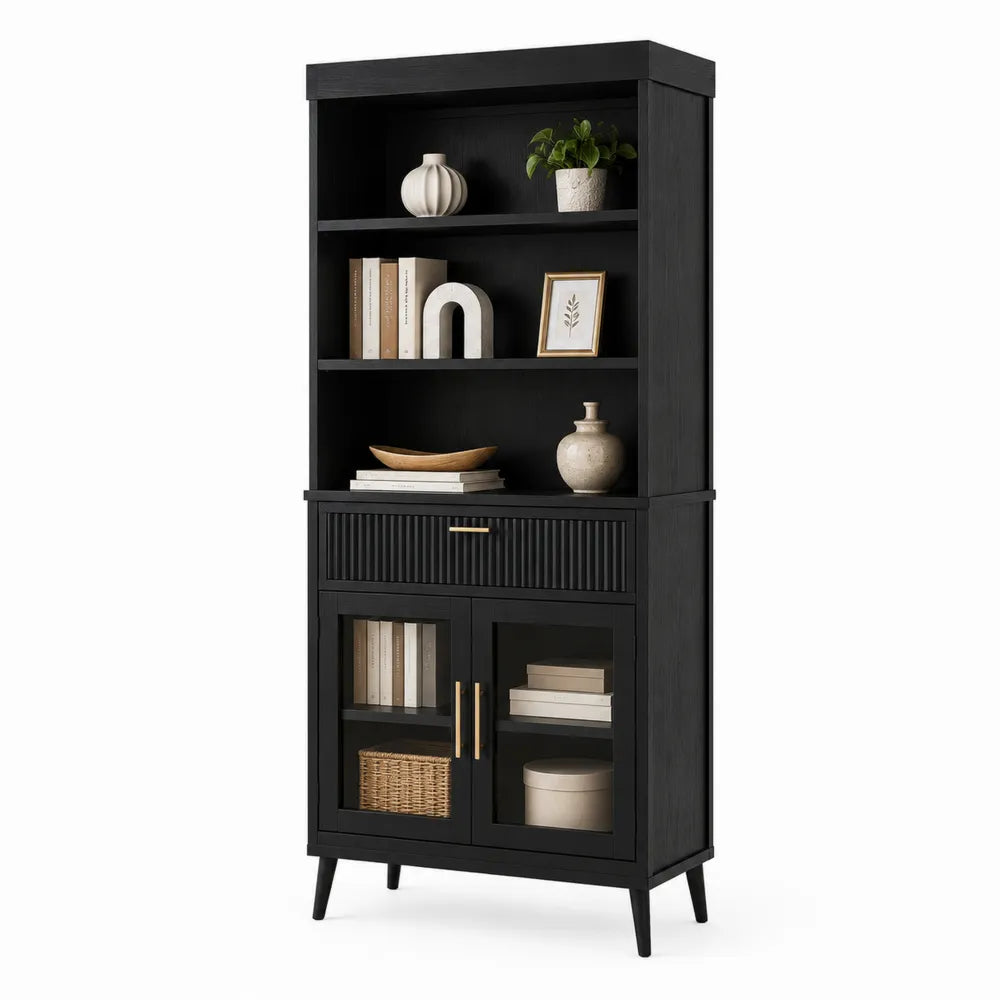 Black Wood Storage Cabinet with Glass Doors and Shelves