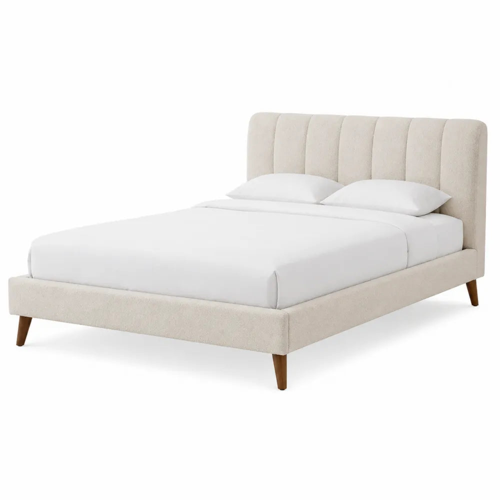 Queen Size Polyester Upholstered Platform Bed with Channel Tufted Headboard and Wooden Legs