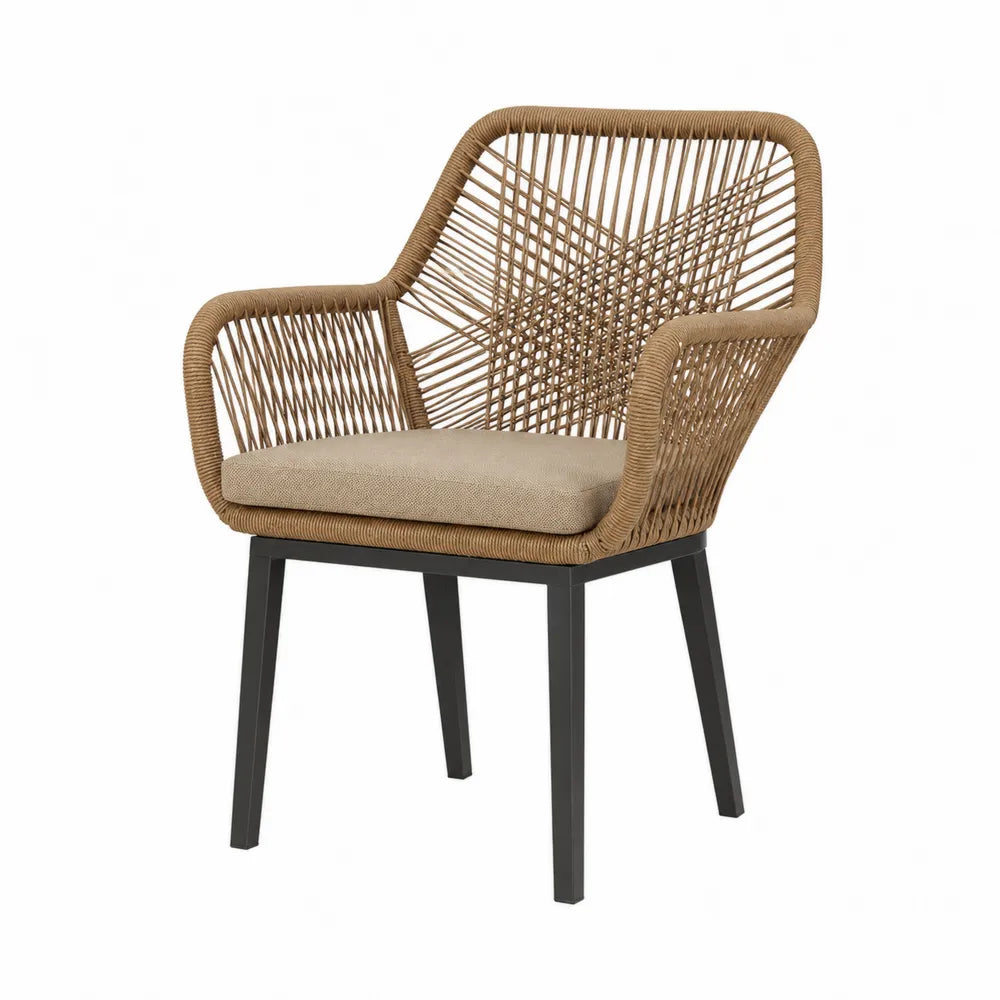 Outdoor Rope Woven Armchair with Polyester Cushion and Steel Frame Beige