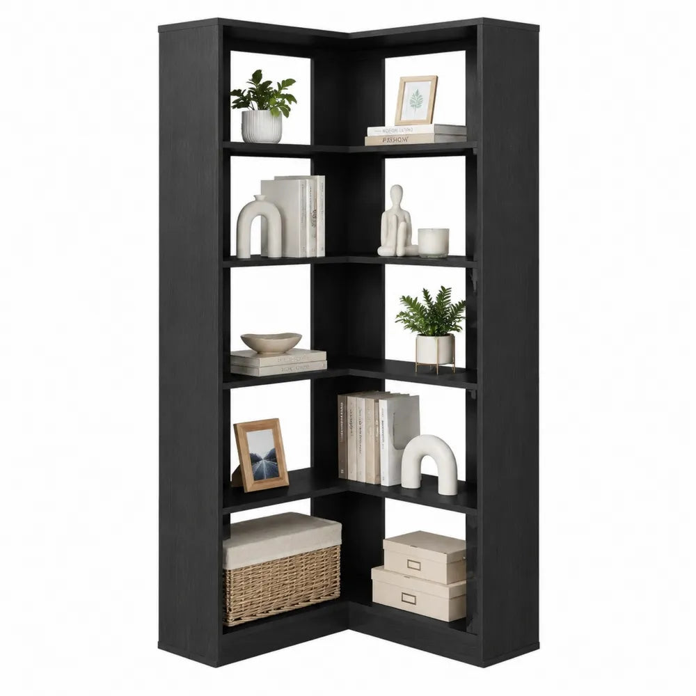 Black MDF Corner Bookshelf 5-Shelf Unit 180cm x 65cm x 30cm