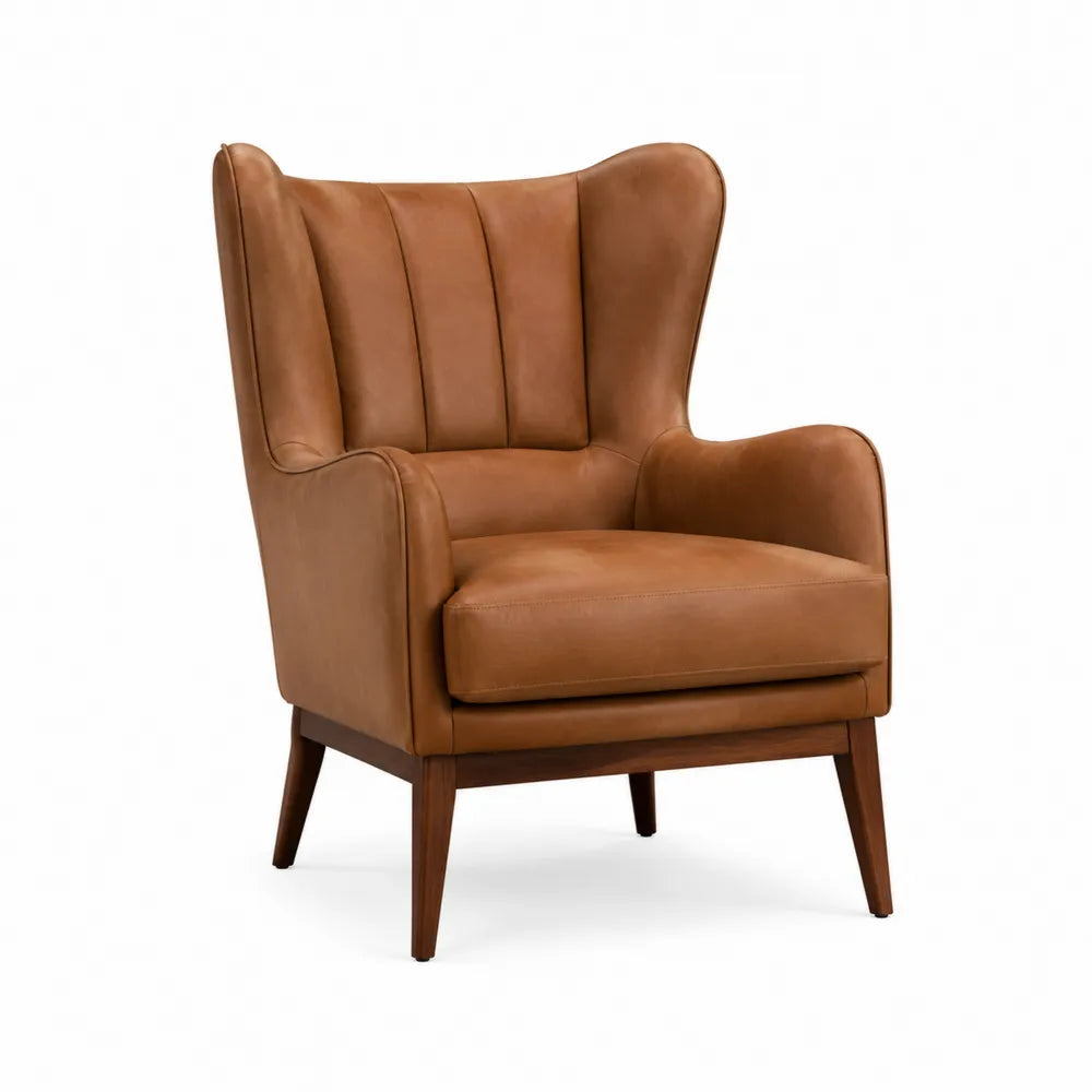 Brown Leather Wingback Accent Chair with Wooden Legs