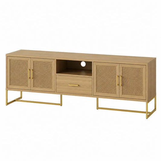 Rectangular Oak Veneer TV Stand with Cane Doors and Gold Metal Legs 150cm