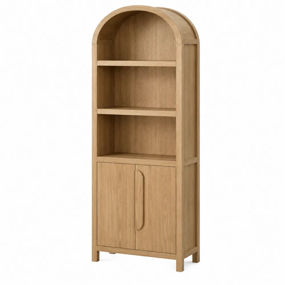 Tall Arch Wooden Bookcase with Storage Doors Solid Oak 180cm x 70cm x 30cm