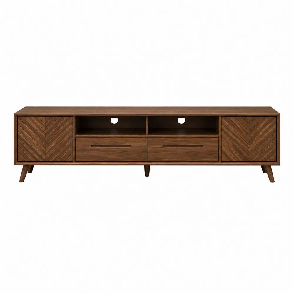 Walnut-Finished TV Stand with Shelves and Drawers 200cm