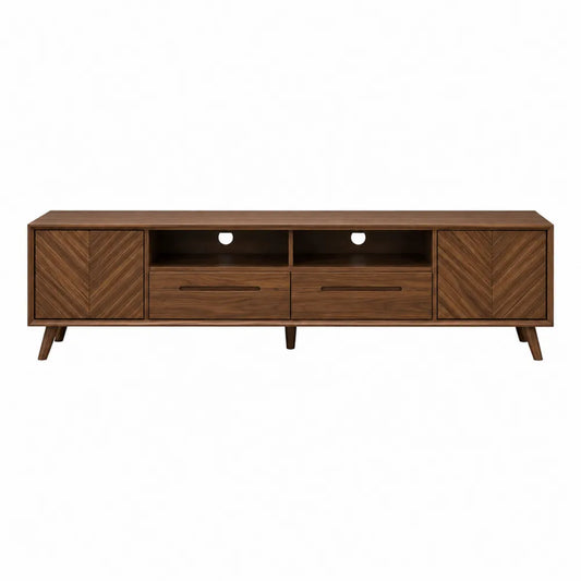 Walnut-Finished TV Stand with Shelves and Drawers 200cm