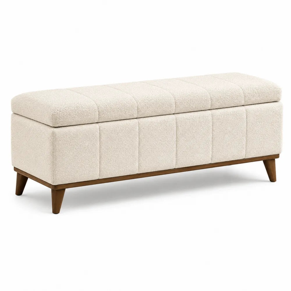 Wooden Frame Storage Ottoman Bench with Wool Blend Fabric Upholstery, 120 x 45 x 45 cm, Beige