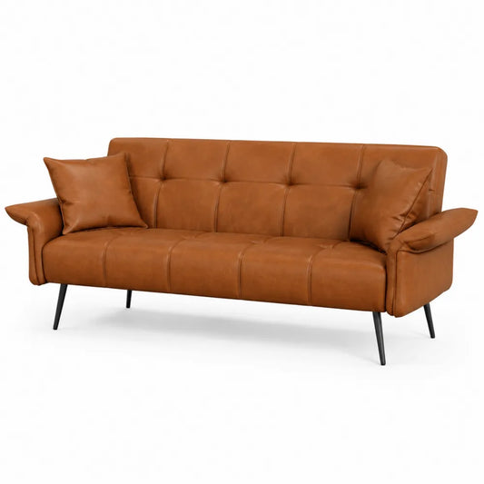 Brown Faux Leather Sofa with Tufted Back and Metal Legs