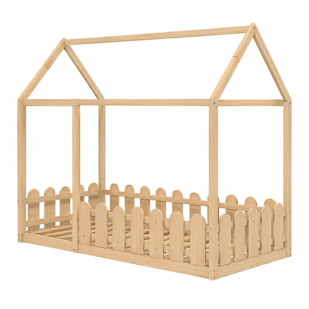 Wooden House Bed Frame with Fence Design for Children