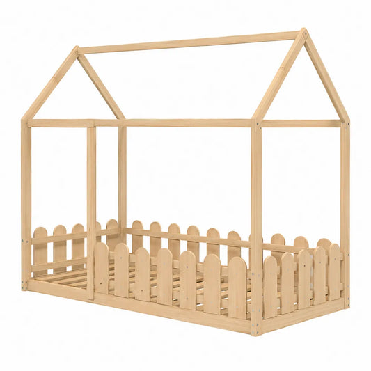 Wooden House Bed Frame with Fence Design for Children