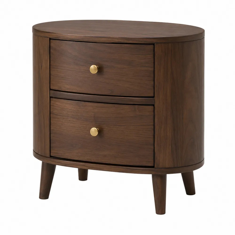 Walnut Oval Nightstand with Metal Handles, Brown