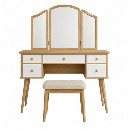 Vanity Table Set with Tri-Fold Mirror Solid Wood Frame Linen Seat