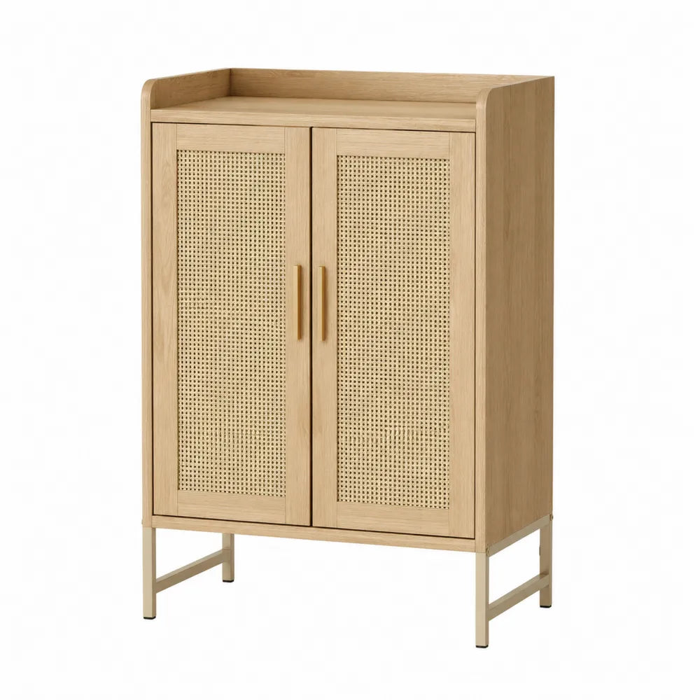 Solid Wood Storage Cabinet with Rattan Doors, Natural Finish