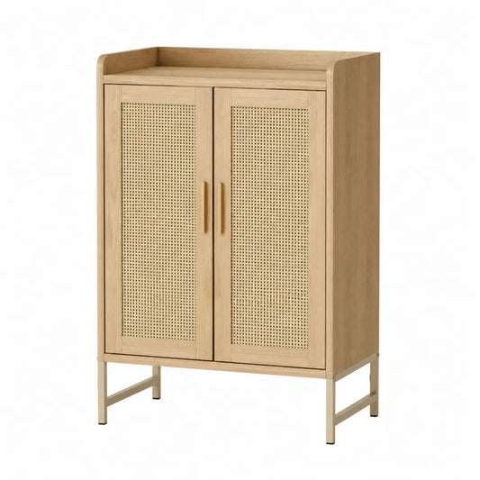 Solid Wood Storage Cabinet with Rattan Doors, Natural Finish