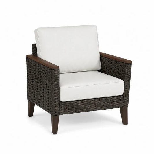 Outdoor Armchair with Cushions, Rattan and Teak, Brown and White