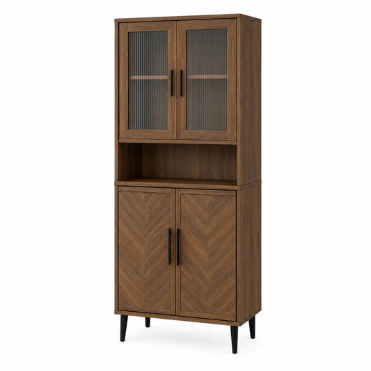 Wood Storage Cabinet with Glass and Chevron Panels 180cm x 70cm x 40cm