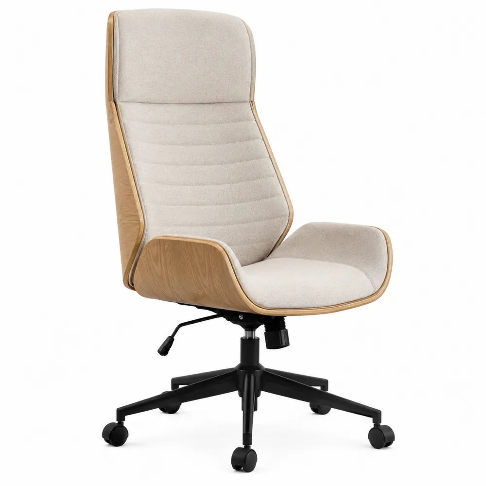 Office Chair with High Back, Linen Fabric, Wood Frame, Steel Base, Beige
