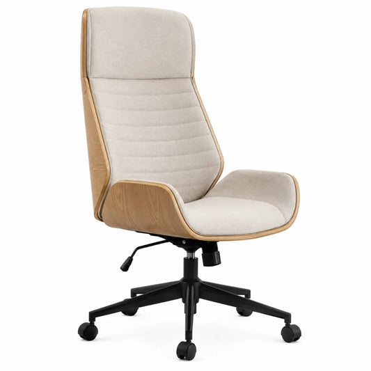 Office Chair with High Back, Linen Fabric, Wood Frame, Steel Base, Beige