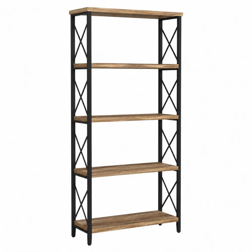 Industrial 5-Shelf Bookcase Solid Wood Black Metal Frame 180cm x 90cm x 40cm