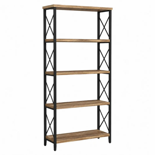 Industrial 5-Shelf Bookcase Solid Wood Black Metal Frame 180cm x 90cm x 40cm