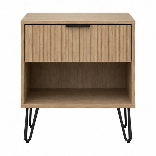 Wood Nightstand with Metal Legs and Drawer Oak 50cm x 40cm x 60cm