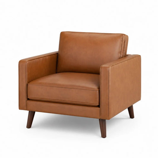 PU Leather Armchair with Square Design and Wooden Legs