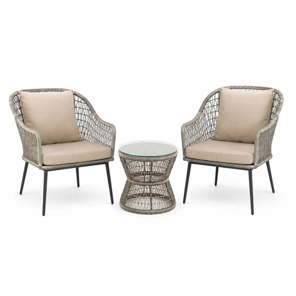 3-Piece Outdoor Wicker Chair and Glass Table Set with Beige Cushions