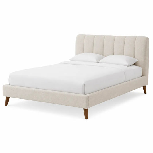 Queen Size Polyester Upholstered Platform Bed with Channel Tufted Headboard and Wooden Legs