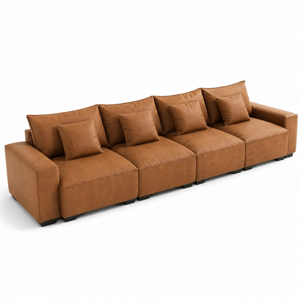 Brown Faux Leather Modular Sectional Sofa with Cushions