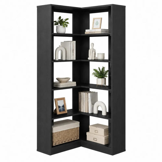 Black MDF Corner Bookshelf 5-Shelf Unit 180cm x 65cm x 30cm