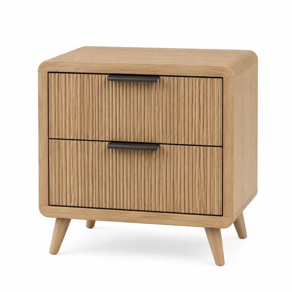 Oak Wood Nightstand with 2 Drawers, Natural Finish