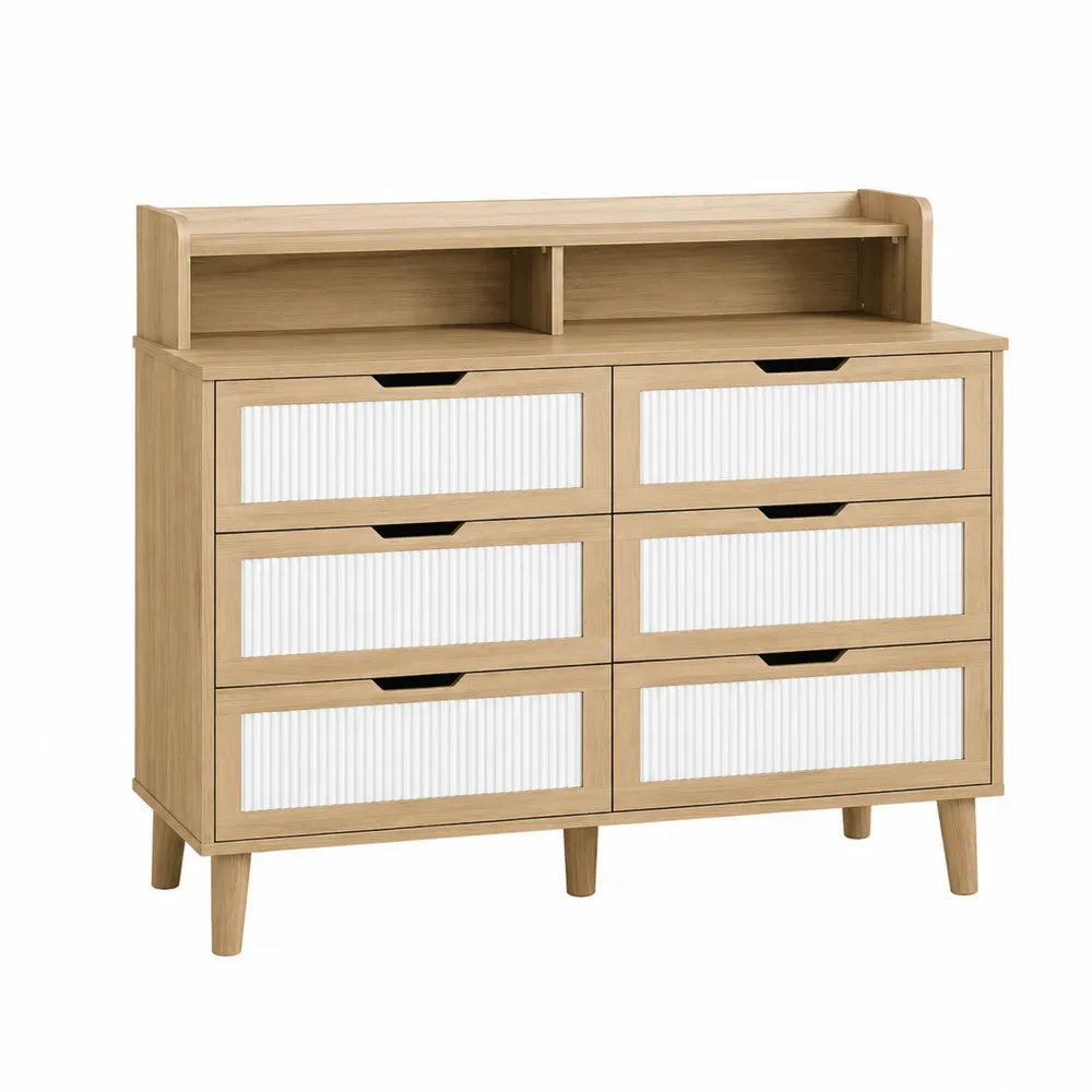 Wood Dresser with Six Drawers and Shelf Natural and White 120cm x 40cm x 90cm