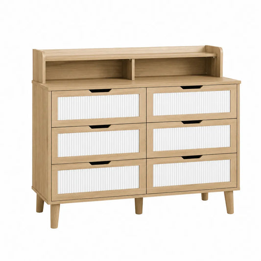 Wood Dresser with Six Drawers and Shelf Natural and White 120cm x 40cm x 90cm