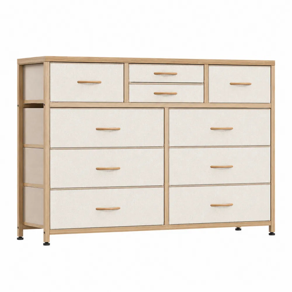 9-Drawer Wood Dresser with Beige Fabric Drawers