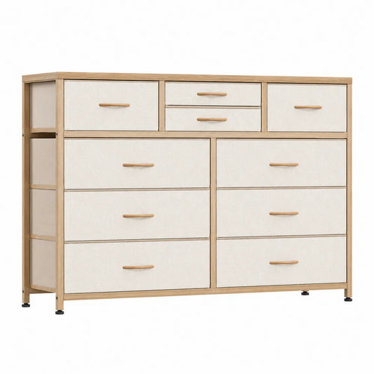 9-Drawer Wood Dresser with Beige Fabric Drawers