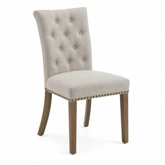 Upholstered Dining Chair Beige Linen with Tufted Back and Wooden Legs