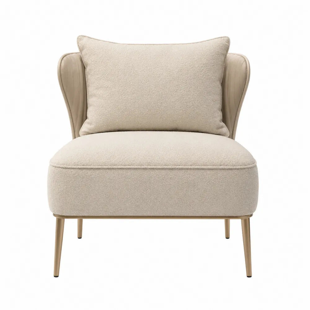 Beige Fabric Lounge Chair with Wood Frame and Metal Legs