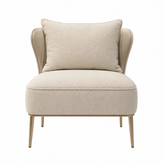 Beige Fabric Lounge Chair with Wood Frame and Metal Legs